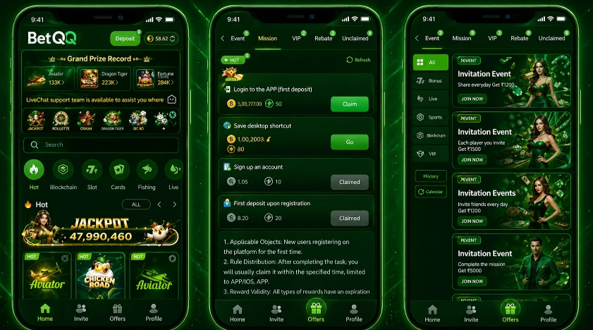 BetQQ mobile app high quality promotional image green background casino app earn money online play and win UI