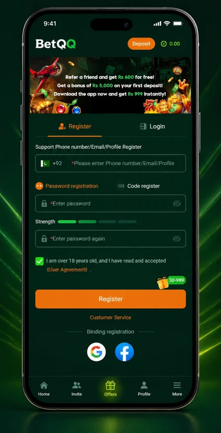 BetQQ register account screen mobile app signup bonus Rs 600 free Rs 5000 deposit offer Pakistan casino app UI
