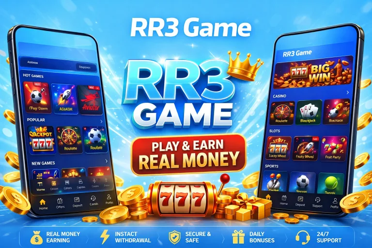 RR3 Game APK download banner with mobile app interface and earning games