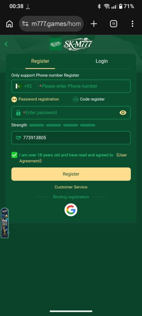 Registration Process in SK-M777 Game