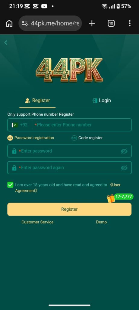 Register on 44PK Game