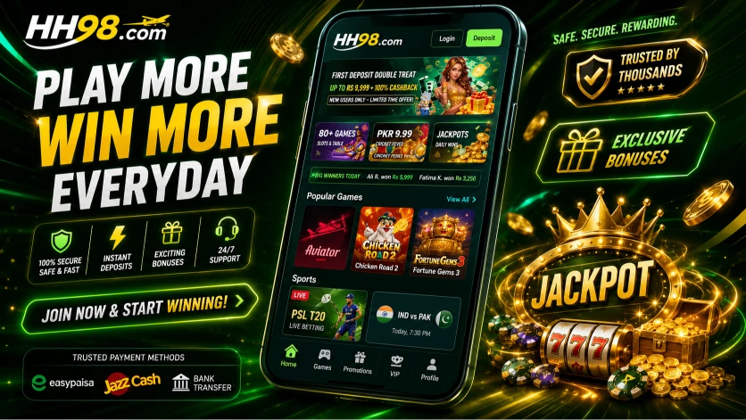 HH98 Game app interface showing games and earning features for Pakistani users