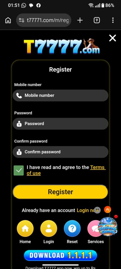 Create a T7777 Game Earning App Account
