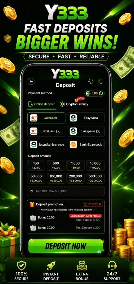 Y333 Game deposit page with payment options including EasyPaisa and JazzCash for Pakistan.