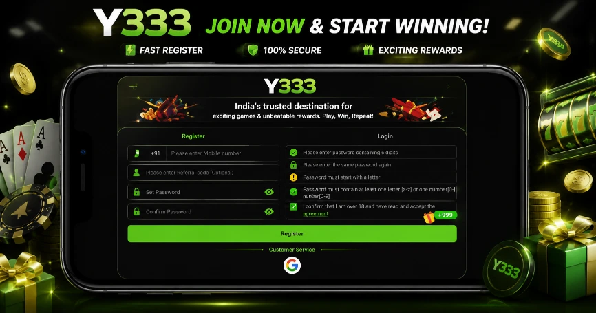 Y333 Game registration sign-up form requiring username, email, and password.